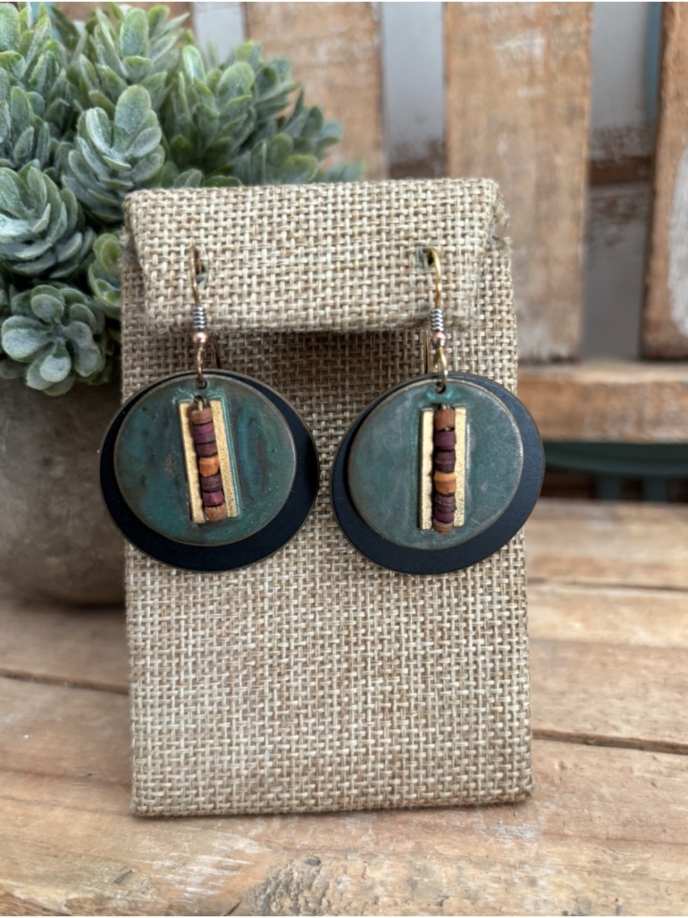 Mixed Textured Metal Hook Dangle Earrings Green Brass Tone Beaded NEW!